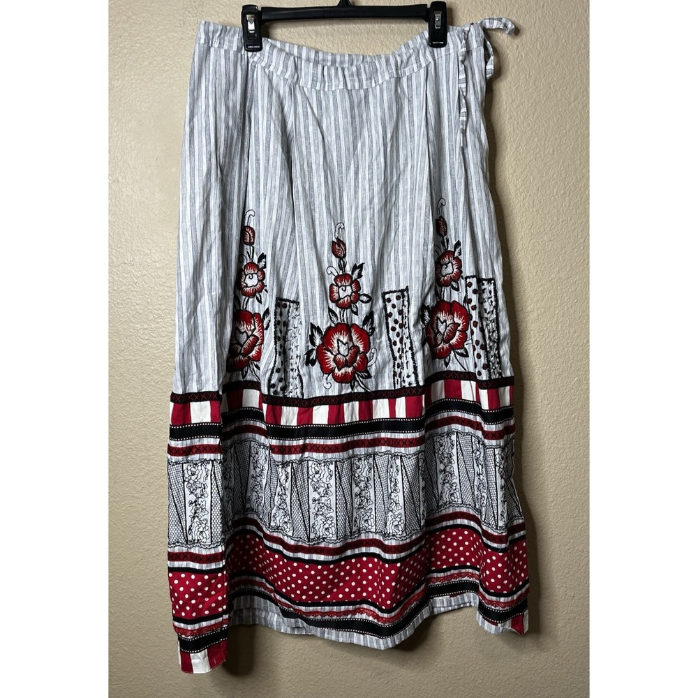 Striped Maxi Skirt with Red Floral Border